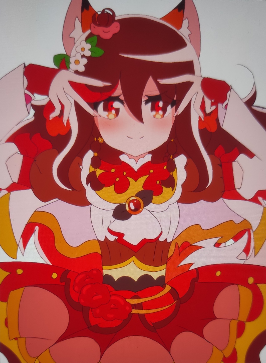1girl a_la_mode_mahou_shoujo_precure_evoluting absurdres animal_ear_fluff animal_ears arm_ribbon ascot belt black_belt bodysuit braid braided_hair_rings brown_bodysuit brown_eyes brown_hair capelet crimson_fingerless_gloves cure_fondente dark_chocolate earrings ery2010akieri fingerless_gloves fingernails flower flower_hairpin fox_ears fox_girl fox_tail gloves gradient_hair hair_rings hat highres hoshino_ai&#039;s_pose jewelry kedakakino_erika lace-trimmed_tube_top lace_trim light_smile long_hair long_sleeves looking_at_viewer mini_hat miniskirt multicolored_hair puffy_short_sleeves puffy_sleeves red_eyes red_flower red_hair red_rose red_tube_top ribbon rose short_sleeves skirt strapless tail tube_top upper_body white_ascot white_background