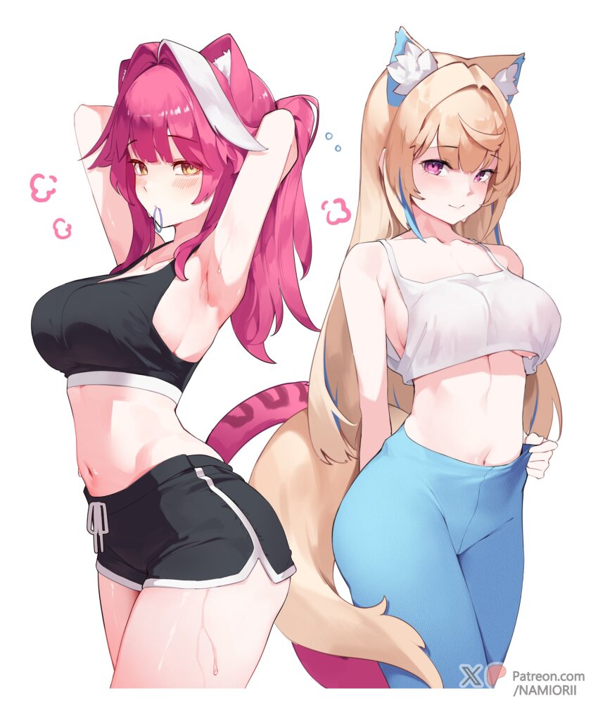 2girls animal_ears armpits arms_up bare_shoulders black_shorts black_sports_bra blonde_hair blue_hair blue_pants blush closed_mouth colored_inner_animal_ears commentary dog_ears dog_girl dog_tail dolphin_shorts english_commentary fuwawa_abyssgard hair_intakes hair_tie_in_mouth highres hololive hololive_english long_hair looking_at_viewer mouth_hold multicolored_hair multiple_girls namiorii navel panther_ears panther_girl panther_tail pants patreon_logo patreon_username pink_eyes pink_hair raora_panthera shorts simple_background smile sports_bra stomach streaked_hair sweat tail tank_top thighs twitter_username virtual_youtuber white_background white_hair white_tank_top yellow_eyes yellow_tail