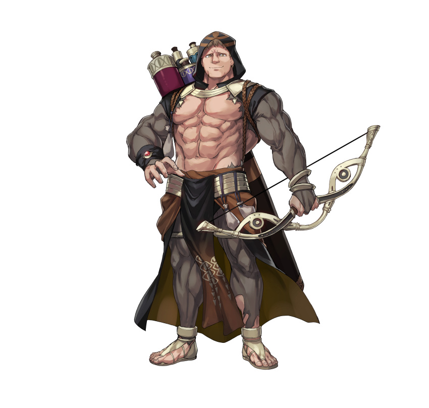 1boy abs absurdres bare_pectorals blonde_hair bodystocking bow_(weapon) bracelet capelet commentary_request dai-xt fire_emblem fire_emblem:_three_houses fire_emblem_heroes full_body gem highres holding holding_bow_(weapon) holding_weapon hood hooded_capelet jewelry large_pectorals looking_at_viewer male_focus muscular muscular_male navel nintendo no_nipples official_art pectorals pelvic_curtain raphael_kirsten raphael_kirsten_(plegian) red_gemstone sandals simple_background solo torn_bodystocking torn_clothes veins veiny_arms weapon white_background yellow_eyes
