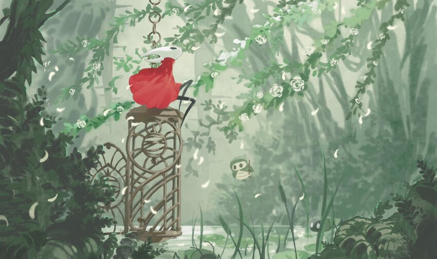 arthropod_girl black_eyes black_skin cage chain cloak colored_skin elevator falling_petals flower flying full_body green_cloak highres holding holding_weapon hollow_eyes hollow_knight hollow_knight:_silksong horned_mask hornet_(hollow_knight) horns mask monhollow nature petals pin_(hollow_knight) plant pond_skipper_(hollow_knight) pondcatcher_reed_(hollow_knight) red_cloak sitting vines weapon white_flower white_mask white_petals