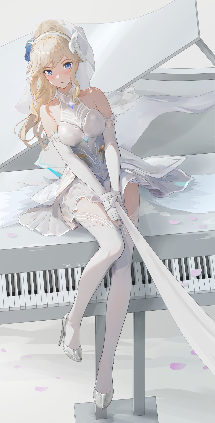1girl absurdres alternate_costume artist_name bare_shoulders blonde_hair blue_eyes blue_flower blue_rose bound bound_wrists breasts bridal_veil closed_mouth curly_hair dot_nose double-parted_bangs dress elbow_gloves flower frilled_dress frills gem gloves hair_flower hair_ornament hairband high_heels highres instrument jzby knees_together_feet_apart league_of_legends leash long_hair looking_at_viewer lux_(league_of_legends) medium_breasts pantyhose piano piano_keys rose shadow sitting sleeveless sleeveless_dress sparkle sparkling_eyes swept_bangs thighhighs v-shaped_eyebrows veil viewer_holding_leash wedding_dress white_dress white_footwear white_gloves white_hairband white_theme white_thighhighs white_veil