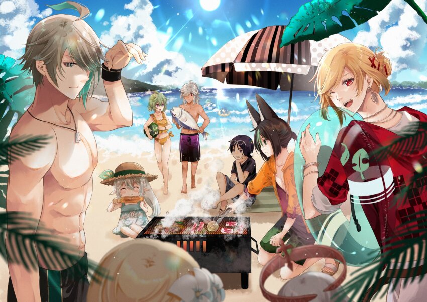 5boys 6+girls abs alhaitham_(genshin_impact) animal_ears aqua_hair beach bikini black_male_swimwear black_shirt black_swim_trunks blonde_hair closed_eyes collei_(genshin_impact) corn cyno_(genshin_impact) dark_skin dress earrings eating eyewear_on_head faruzan_(genshin_impact) flower fox_ears genshin_impact green_hair green_male_swimwear green_swim_trunks grey_hair hair_flower hair_ornament halo hat highres innertube jacket jewelry kaveh_(genshin_impact) komesiwo_syumi layla_(genshin_impact) lumine_(genshin_impact) male_swimwear multicolored_hair multiple_boys multiple_girls muscular muscular_male nahida_(genshin_impact) necklace ocean one_eye_closed open_mouth orange_hood orange_jacket paimon_(genshin_impact) ponytail purple_eyes purple_hair purple_male_swimwear purple_swim_trunks red_eyes red_hood red_shirt scaramouche_(genshin_impact) shirt short_hair sky smile stove swim_ring swim_trunks swimsuit t-shirt tighnari_(genshin_impact) tongue topless_male umbrella white_hair x_hair_ornament