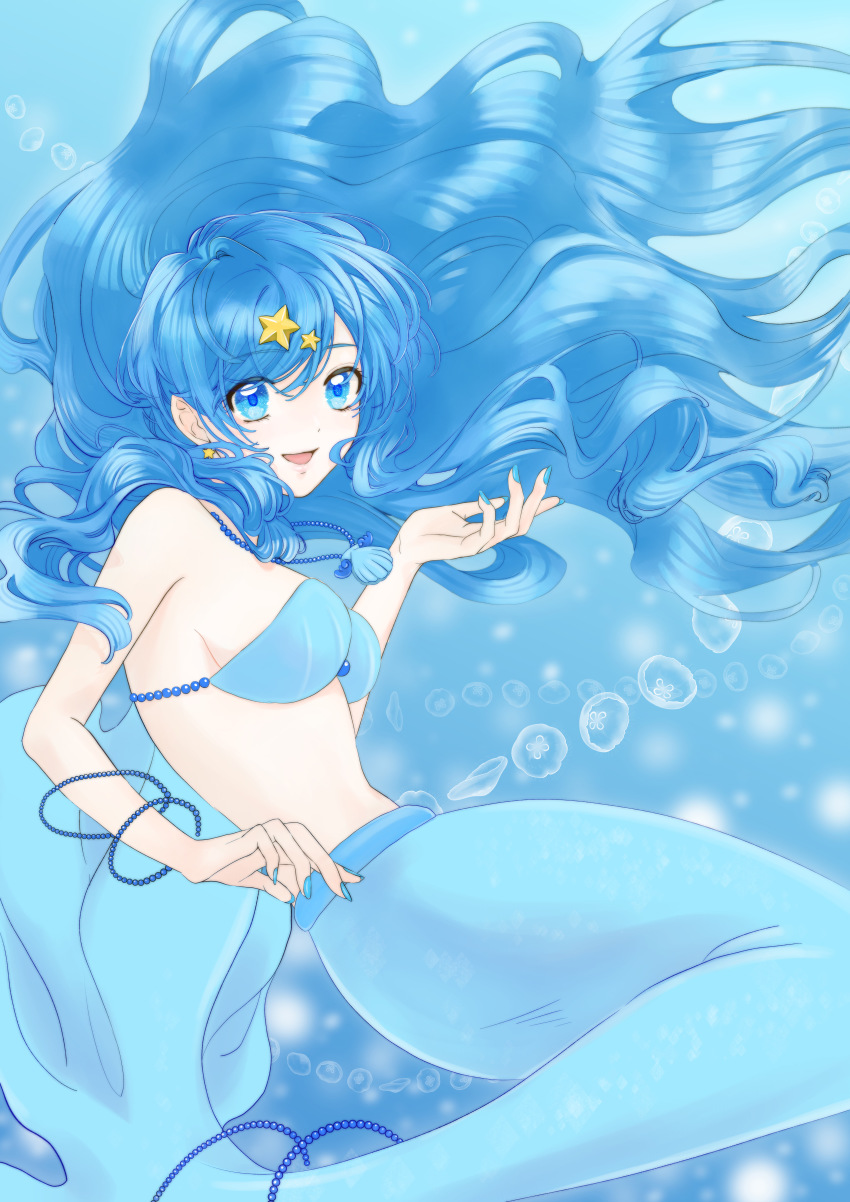 1girl absurdres bikini blue_background blue_eyes blue_hair blue_nails bracelet breasts bubble curly_hair earrings fins fish_tail floating floating_hair hair_between_eyes hair_ornament hifumi_(toma10) highres houshou_hanon houshou_hanon_(mermaid) in_water jellyfish jewelry long_hair looking_at_viewer mermaid mermaid_melody_pichi_pichi_pitch monster_girl nail_polish necklace ocean open_mouth pearl_bracelet pearl_necklace shell shell_bikini smile solo star_(symbol) star_earrings star_hair_ornament tail underwater waves