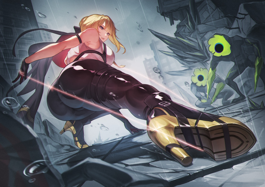 1girl absurdres ass bare_shoulders black_gloves black_jacket black_pants blonde_hair breasts commentary debris elbow_gloves et0 ethereal_(zenless_zone_zero) evelyn_chevalier gloves hand_on_ground high_heels highres jacket large_breasts looking_at_viewer outdoors pants parted_lips purple_eyes rain shirt short_hair single_elbow_glove solo tight_clothes tight_pants white_shirt zenless_zone_zero