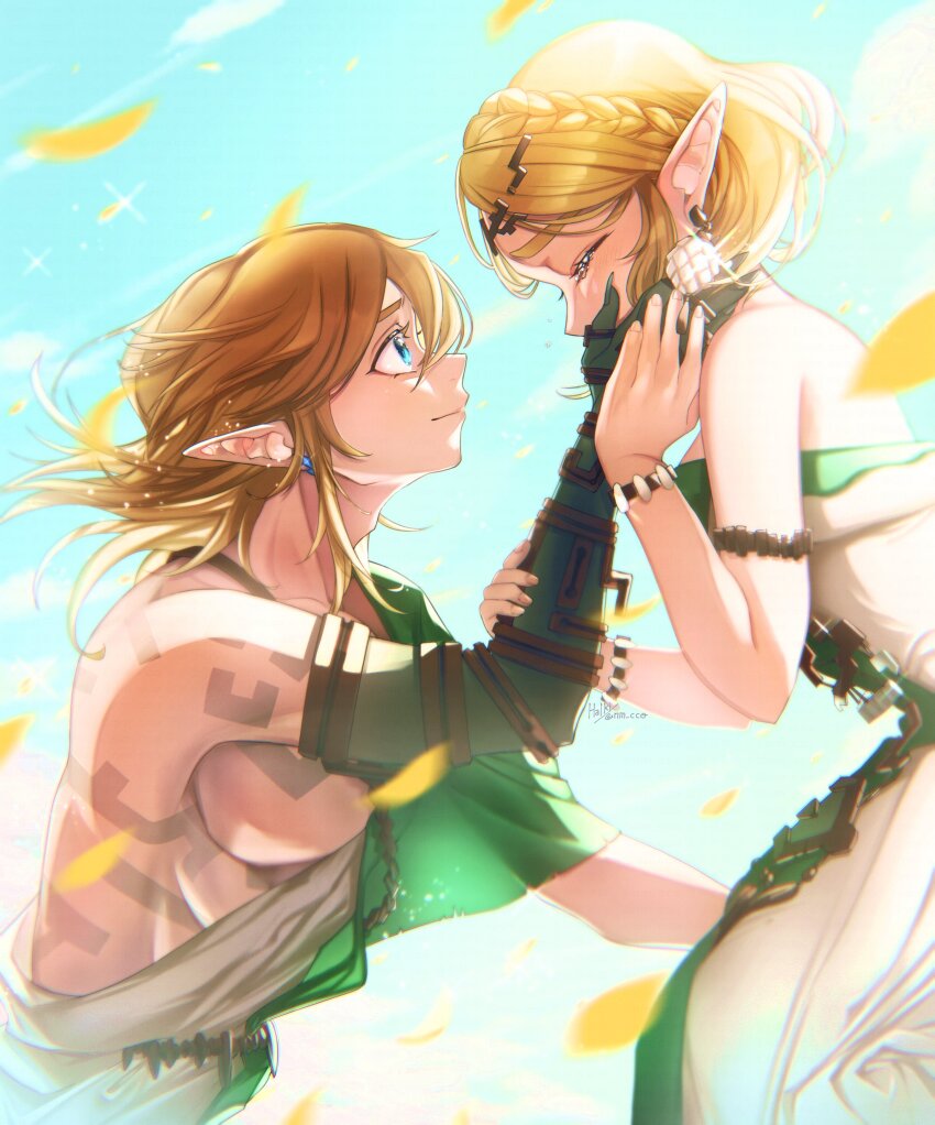 1boy 1girl absurdres ao_haruki archaic_set_(zelda) armlet bare_shoulders blonde_hair blue_eyes blue_sky bob_cut bracelet braid closed_eyes closed_mouth commentary crown_braid dress falling_petals floating from_side green_dress hand_on_another&#039;s_cheek hand_on_another&#039;s_face hetero highres holding_another&#039;s_arm holding_hands jewelry link looking_at_another nintendo petals pointy_ears princess_zelda short_hair sky smile strapless strapless_dress the_legend_of_zelda the_legend_of_zelda:_tears_of_the_kingdom two-tone_dress white_dress