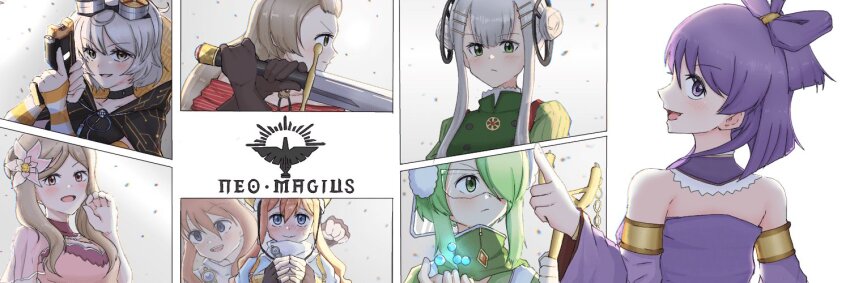 6+girls :d ahoge aika_himena azumi_hagumu binary black_choker black_cloak blonde_hair blue_eyes blue_shirt blunt_bangs blush brown_gloves choker circuit_board_print cloak detached_collar detached_sleeves dual_persona fingerless_gloves flower gloves goggles goggles_on_head green_eyes green_hair green_shirt grey_hair grin hair_flower hair_ornament hair_over_one_eye hand_up helmet index_finger_raised kagura_san kurusu_alexandra light_brown_hair long_hair looking_at_viewer magia_record:_mahou_shoujo_madoka_magica_gaiden mahou_shoujo_madoka_magica miwa_mitsune miyabi_shigure multiple_girls off-shoulder_shirt off_shoulder open_mouth orange_cloak orange_eyes orange_hair orange_sleeves own_hands_together pink_eyes pink_flower pink_shirt print_cloak profile purple_shirt red_shirt scarf serious shirt short_hair sidelocks sleeves_past_wrists slingshot_(weapon) smile striped_clothes striped_shirt striped_sleeves swept_bangs taser_gun tenfuru twin_bun twintails two-sided_cloak two-sided_fabric two-tone_cloak very_long_hair white_scarf yukari_miyuri