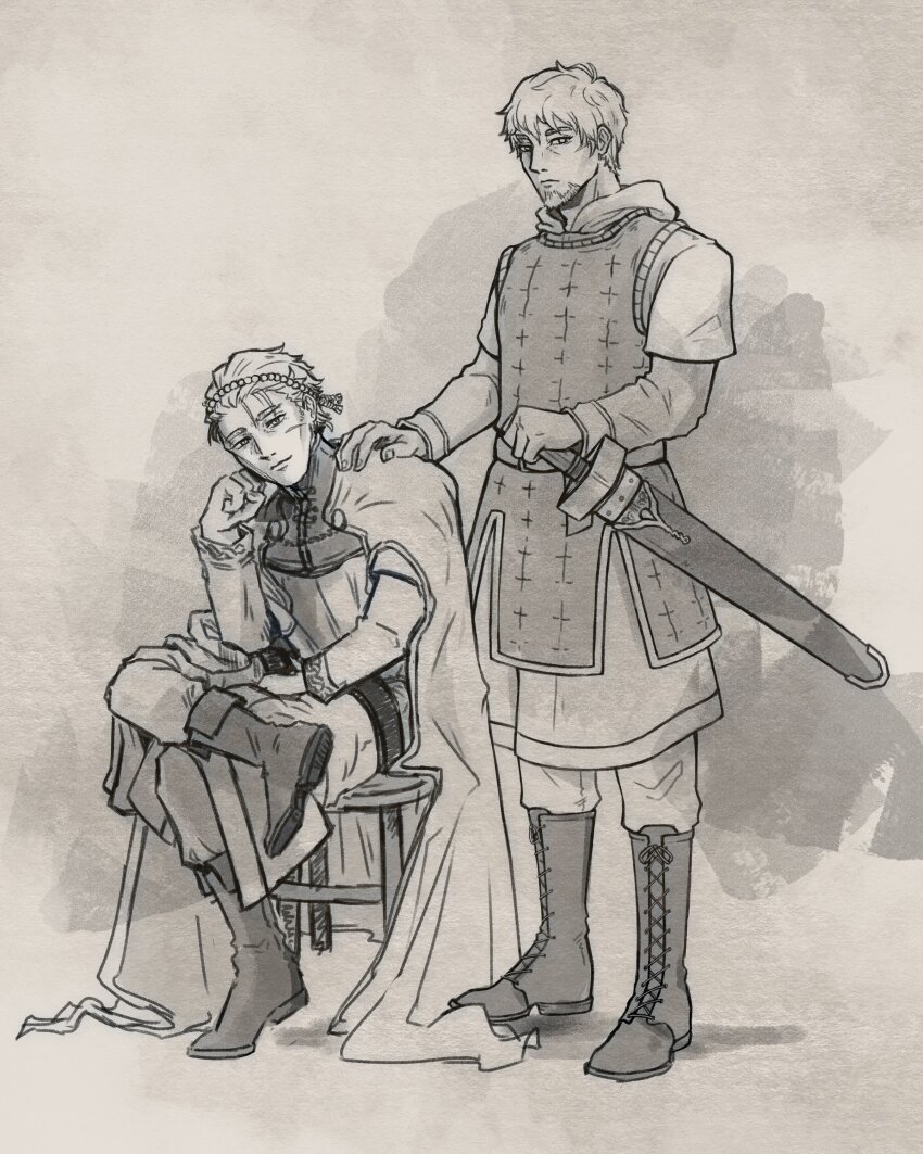 2boys absurdres armor beard belt boots canute cape closed_mouth facial_hair facial_scar full_body hand_on_another&#039;s_shoulder highres holding holding_sword holding_weapon hood looking_at_viewer male_focus monochrome multiple_boys multiple_scars prince role_reversal scar scar_on_cheek scar_on_face short_hair sitting sopa_gamja standing stool sword thorfinn viking vinland_saga warrior weapon