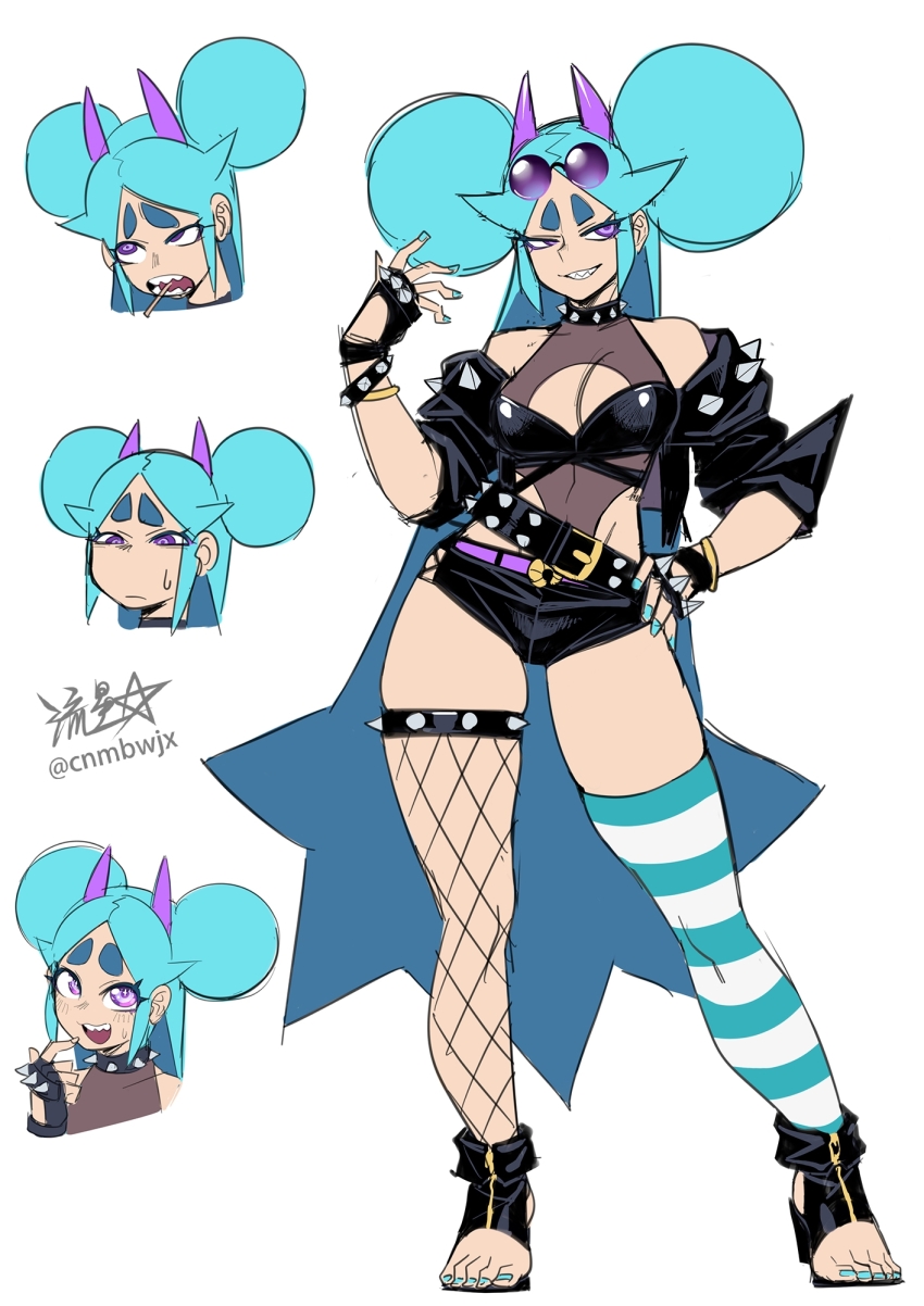 1girl belt black_gloves black_hairband black_jacket blue_hair blue_nails bracelet breasts cleavage closed_mouth collar commentary covered_navel double_bun evil_grin evil_smile feet finger_to_mouth fingerless_gloves fishnets flat_color gloves grin hair_bun hairband hand_on_own_hip high_heels highleg highres horns jacket jewelry large_breasts leotard long_hair multiple_belts multiple_views open_mouth original purple_eyes purple_horns ryuusei_(mark_ii) sandals shaded_face sharp_teeth shoulder_spikes shrimball_(ryuusei_(mark_ii)) signature smile spiked_collar spikes strapless strapless_leotard striped_clothes striped_thighhighs sweat sweatdrop teeth thick_eyebrows thigh_strap thighhighs thighs toes twitter_username very_long_hair white_background