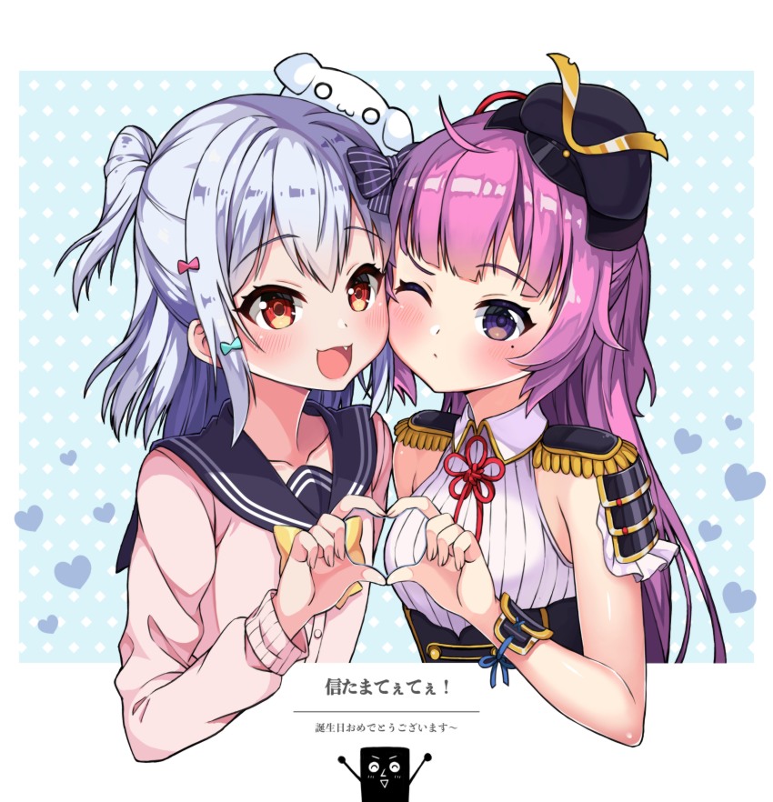 1boy 1girl absurdres armor black_hat black_sailor_collar blue_hair blush bow bowtie cardigan cheek-to-cheek closed_mouth collared_shirt commentary_request dot_mouth epaulettes hand_up hat heads_together heart heart_hands heart_hands_duo helmet highres inuyama_tamaki japanese_armor kabuto_(helmet) long_hair long_sleeves looking_at_viewer mole mole_under_eye neck_ribbon noripro oda_nobuhime one_eye_closed open_mouth orange_eyes pink_cardigan pink_hair project_upd8 purple_eyes red_ribbon ribbon sailor_collar shirt side-by-side sleeveless sleeveless_shirt smile sosai_salada translation_request trap upper_body very_long_hair virtual_youtuber white_shirt wrist_guards yellow_bow yellow_bowtie
