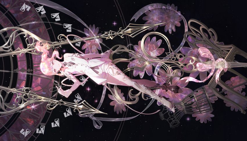 1other akiyama_mizuki black_ribbon chair clock_hands colorful_palette flower highres long_sidelocks mannequin official_art pink_eyes pink_flower pink_hair project_sekai ribbon shirt shorts side_ponytail sidelocks solo sparkle star_(sky) third-party_source utakata_ni_idakarete_(project_sekai) vest white_shirt white_shorts white_vest wrist_cuffs