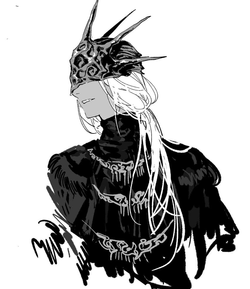 192_saioma 1boy aldrich_devourer_of_gods cape commentary dark_souls_(series) dark_souls_iii dark_sun_gwyndolin fur_cape greyscale grin highres long_hair looking_afar looking_to_the_side male_focus masked monochrome simple_background smile solo upper_body white_background