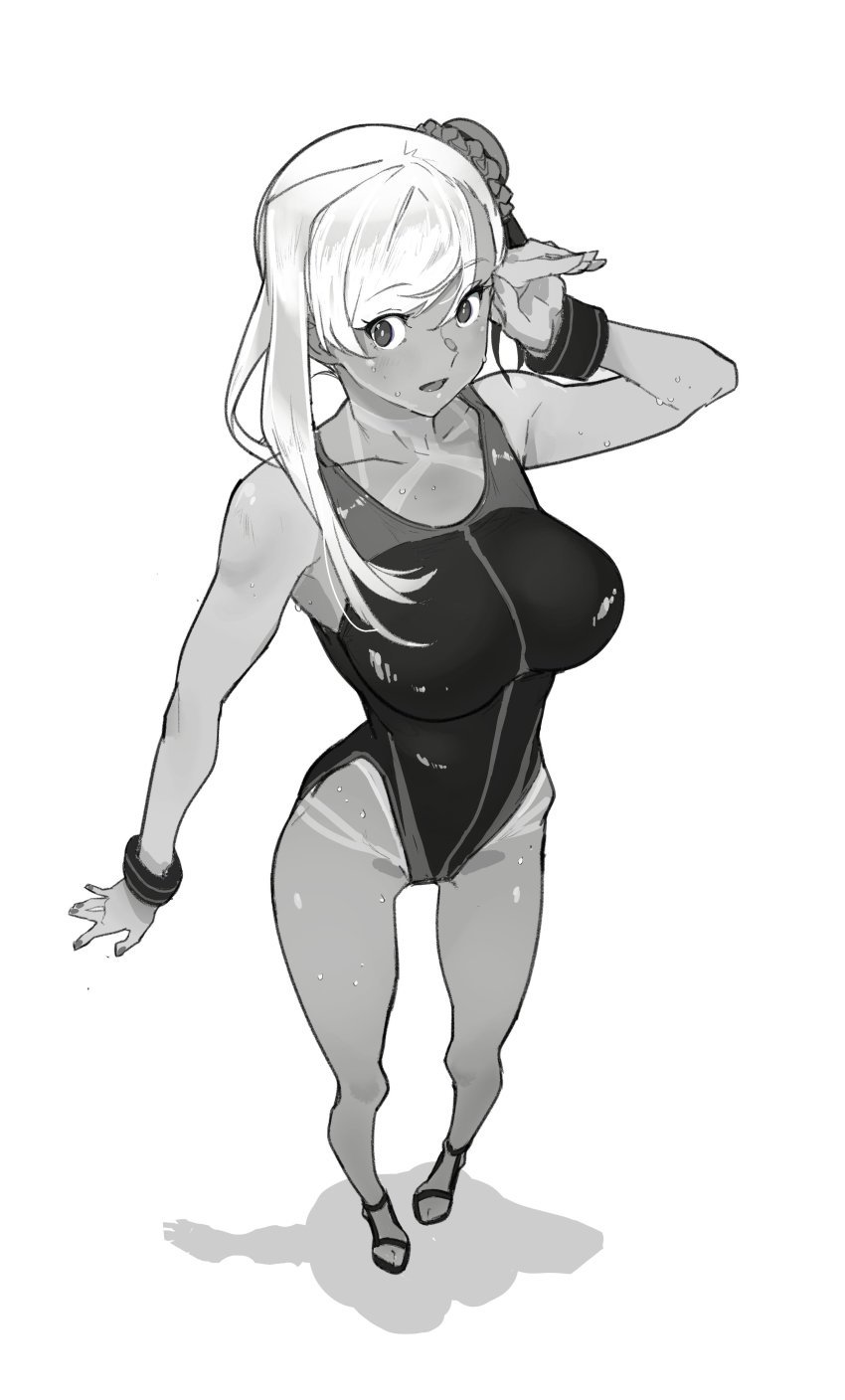 1girl absurdres bare_shoulders breasts bun_cover cleavage collarbone competition_swimsuit fate/grand_order fate_(series) full_body greyscale hair_bun hair_ribbon highleg highleg_one-piece_swimsuit highres large_breasts long_hair looking_at_viewer miyamoto_musashi_(fate) miyamoto_musashi_(fate/grand_order) miyamoto_musashi_(swimsuit_berserker)_(fate) miyamoto_musashi_(swimsuit_berserker)_(first_ascension)_(fate) monochrome one-piece_swimsuit open_mouth ribbon side_bun single_hair_bun single_side_bun solo swept_bangs swimsuit tan tanline thighs two-tone_swimsuit wet wr_(karakusa_senbei)