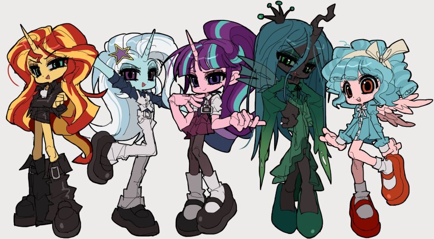 5girls :d aqua_eyes aqua_hair arm_up black_footwear black_hat black_jacket black_pantyhose black_ribbon black_shorts black_skin blonde_hair blue_dress blue_hair blue_shirt blue_skin boots bow_hairband character_request closed_mouth colored_sclera colored_skin crown curly_hair dot_nose dress eyeshadow freckles full_body green_eyes green_eyeshadow green_sclera green_shirt green_skirt grey_background hair_between_eyes hair_ornament hairband hands_on_own_hips hat high_ponytail highres jacket jwnn knee_boots long_hair long_sleeves looking_at_viewer makeup mary_janes medium_hair miniskirt multicolored_hair multiple_girls my_little_pony my_little_pony:_equestria_girls my_little_pony:_friendship_is_magic neck_ribbon necktie open_clothes open_jacket open_mouth orange_eyes orange_shoes pants pantyhose pink_skin pink_skirt pleated_skirt ponytail purple_eyes purple_hair purple_necktie queen_chrysalis raised_eyebrow red_hair ribbon shirt shoes short_shorts short_sleeves shorts simple_background skirt smile socks standing standing_on_one_leg star_(symbol) star_hair_ornament starlight_glimmer starlight_glimmer_(equestria_girls) streaked_hair sunset_shimmer sunset_shimmer_(human) teeth trixie_lulamoon trixie_lulamoon_(equestria_girls) two-tone_hair unicorn_girl unicorn_horn upper_teeth_only v-shaped_eyebrows very_long_hair vest white_hair white_hairband white_pants white_shirt white_socks white_vest wings