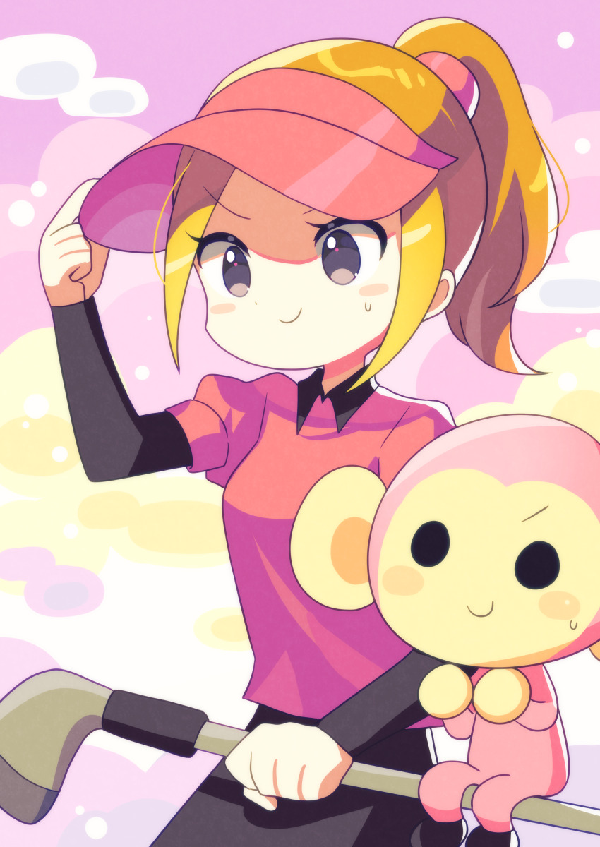 &gt;:) 1girl absurdres animal black_eyes black_skirt black_sleeves blush cloud golf golf_club golfer_(rhythm_tengoku) hat highres holding holding_golf_club looking_ahead minna_no_rhythm_tengoku monkey_(rhythm_tengoku) offbeat orange_hair pink_shirt pink_sky ponytail rhythm_tengoku shirt sitting skirt sky smile sweatdrop v-shaped_eyebrows visor_cap