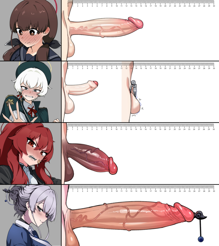 4futa ashiharatsumori_koito blush brown_eyes brown_hair chastity_cage clenched_teeth closed_mouth dark_penis erection etoast flat_chastity_cage futanari green_hat grey_eyes grey_hair hair_between_eyes hair_ornament hair_stick halo hat highres itokonoue_kaoru kuzunoha_rei large_penis long_hair looking_at_viewer multiple_futa ohitome_kohane penis penis_chart penis_size_difference project_kv red_eyes red_hair red_halo small_chastity_cage small_penis smile sounding teeth testicles uncensored urethral_insertion veins veiny_penis white_hair yellow_halo