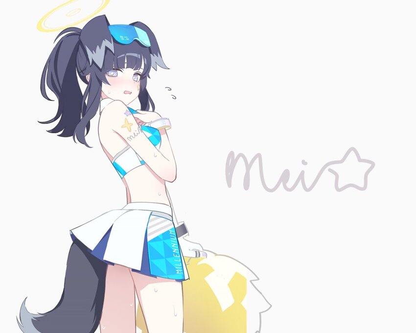 1girl animal_ears black_hair blue-tinted_eyewear blue_archive blush cheerleader cowboy_shot dog_ears dog_tail grey_eyes halo hibiki_(blue_archive) hibiki_(cheer_squad)_(blue_archive) holding holding_pom_poms long_hair looking_at_viewer millennium_cheerleader_outfit_(blue_archive) mimitoke official_alternate_costume open_mouth pom_pom_(cheerleading) pom_poms ponytail safety_glasses solo tail tinted_eyewear yellow_halo