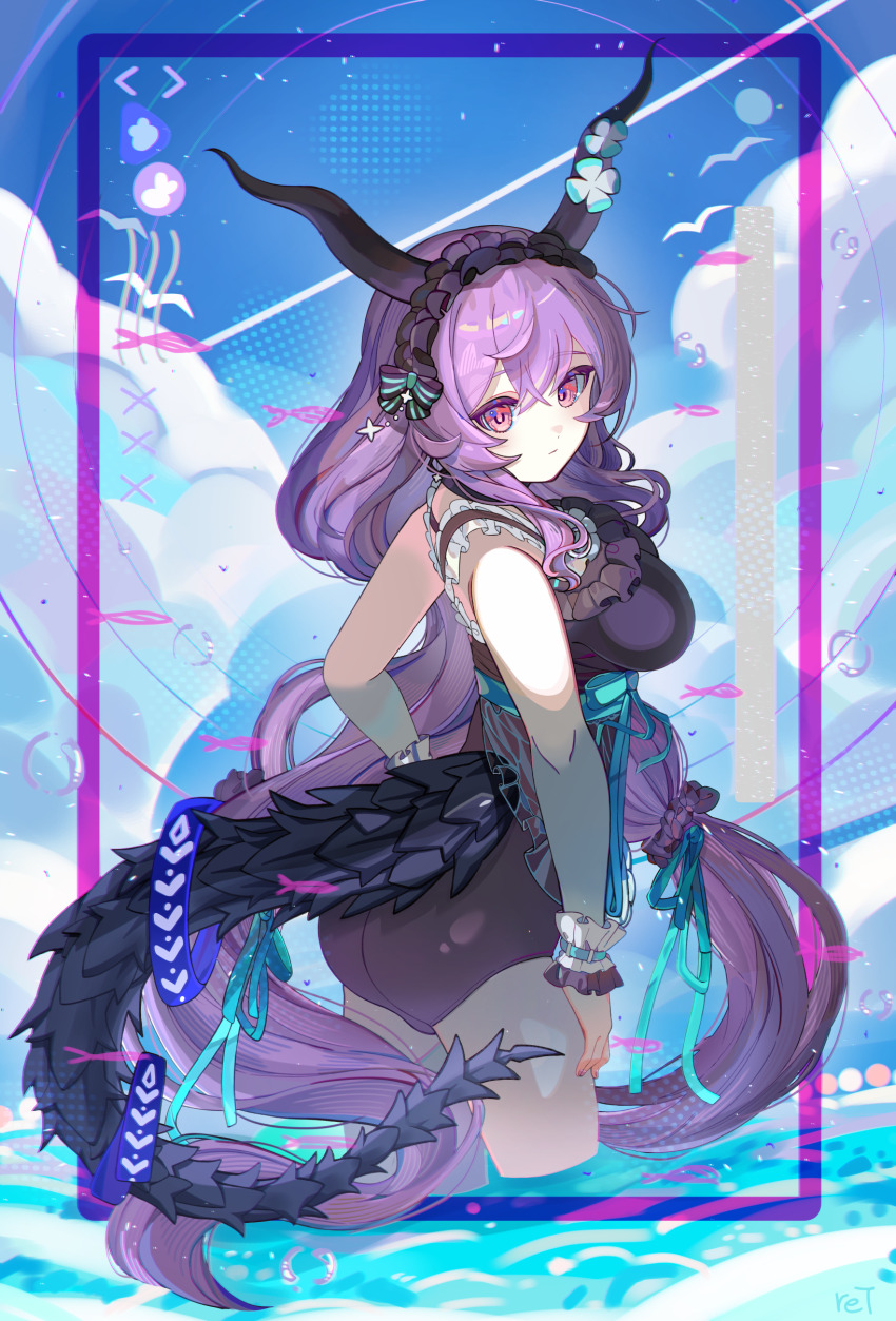 1girl absurdres arknights ass bare_arms black_one-piece_swimsuit blue_ribbon breasts casual_one-piece_swimsuit character_request closed_mouth crossed_bangs day dragon_girl dragon_horns dragon_tail hair_between_eyes hair_ribbon highres horns long_hair medium_breasts one-piece_swimsuit outdoors purple_hair red_eyes ret_(tiiuu) ribbon solo summer swimsuit tail very_long_hair wading wrist_cuffs