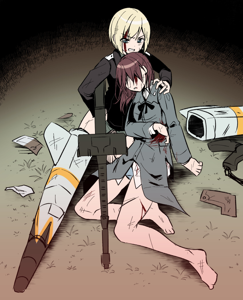 2girls bad_id bad_pixiv_id barefoot black_jacket blonde_hair blood blood_on_face blue_eyes blue_panties brown_hair clenched_teeth collared_shirt cuts double-drum_magazine drum_magazine erica_hartmann machine_gun gertrud_barkhorn grass grey_jacket gun high-capacity_magazine highres holding holding_gun holding_weapon ichiren_namiro injury jacket long_hair long_sleeves looking_at_viewer machine_gun magazine_(weapon) mg42 multiple_girls no_pants on_grass panties parted_lips saddle-drum shirt strike_witches striker_unit teeth underwear v-shaped_eyebrows weapon white_shirt world_witches_series