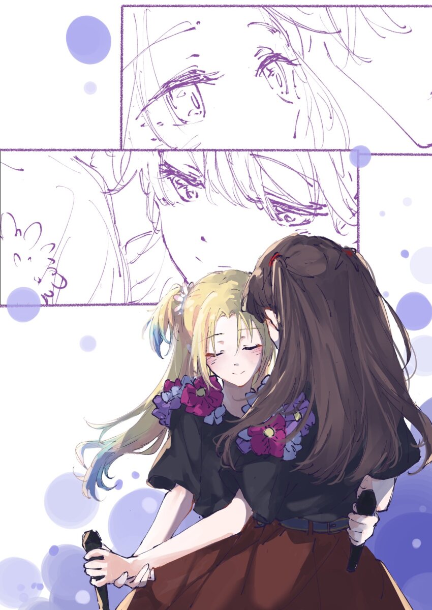 2girls 4th_live_dream_~bloom_the_dream_believers~ black_shirt blonde_hair blue_hair brown_hair brown_skirt closed_eyes closed_mouth commentary flower fujishima_megumi gradient_hair hair_flower hair_ornament half-closed_eyes hashtag-only_commentary hasu_no_sora_school_uniform highres holding holding_another&#039;s_wrist holding_microphone l9525 link!_like!_love_live! long_hair love_live! mahara_jamboree_ii microphone mira-cra_park! multicolored_hair multiple_girls multiple_views osawa_rurino pink_flower purple_flower school_uniform shirt shirt_flower short_sleeves skirt smile split_mouth t-shirt twintails two_side_up u_u virtual_youtuber winter_uniform yuri