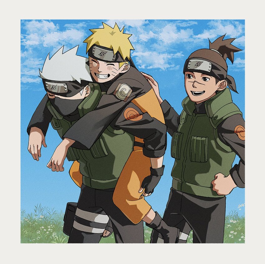 3boys :d ^_^ black_gloves black_headband blonde_hair blush border brown_hair carrying closed_eyes cowboy_shot fingerless_gloves forehead_protector gloves grey_hair grin hatake_kakashi headband highres konohagakure_symbol looking_at_another male_focus mask mouth_mask multiple_boys naruto_(series) naruto_shippuuden open_mouth outdoors piggyback pnpk_1013 ponytail scar scar_on_face short_ponytail smile umino_iruka uzumaki_naruto white_border