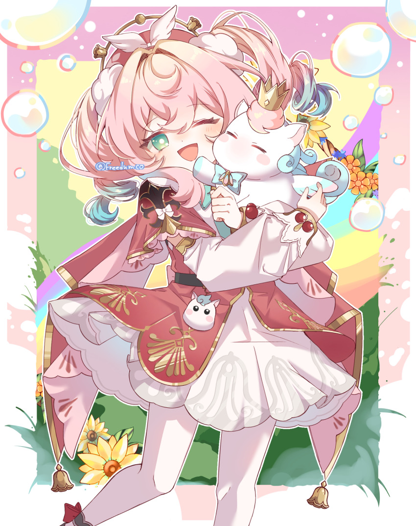 1girl animal aqua_eyes aqua_hair bell beret chimera_(honkai:_star_rail) commentary_request crown dress flower hat highres holding holding_animal honkai:_star_rail honkai_(series) hyacine_(honkai:_star_rail) medium_hair multicolored_hair one_eye_closed pantyhose pink_hair red_dress smile sunflower twintails twitter_username two-tone_hair white_pantyhose yaruco_(freedumco)