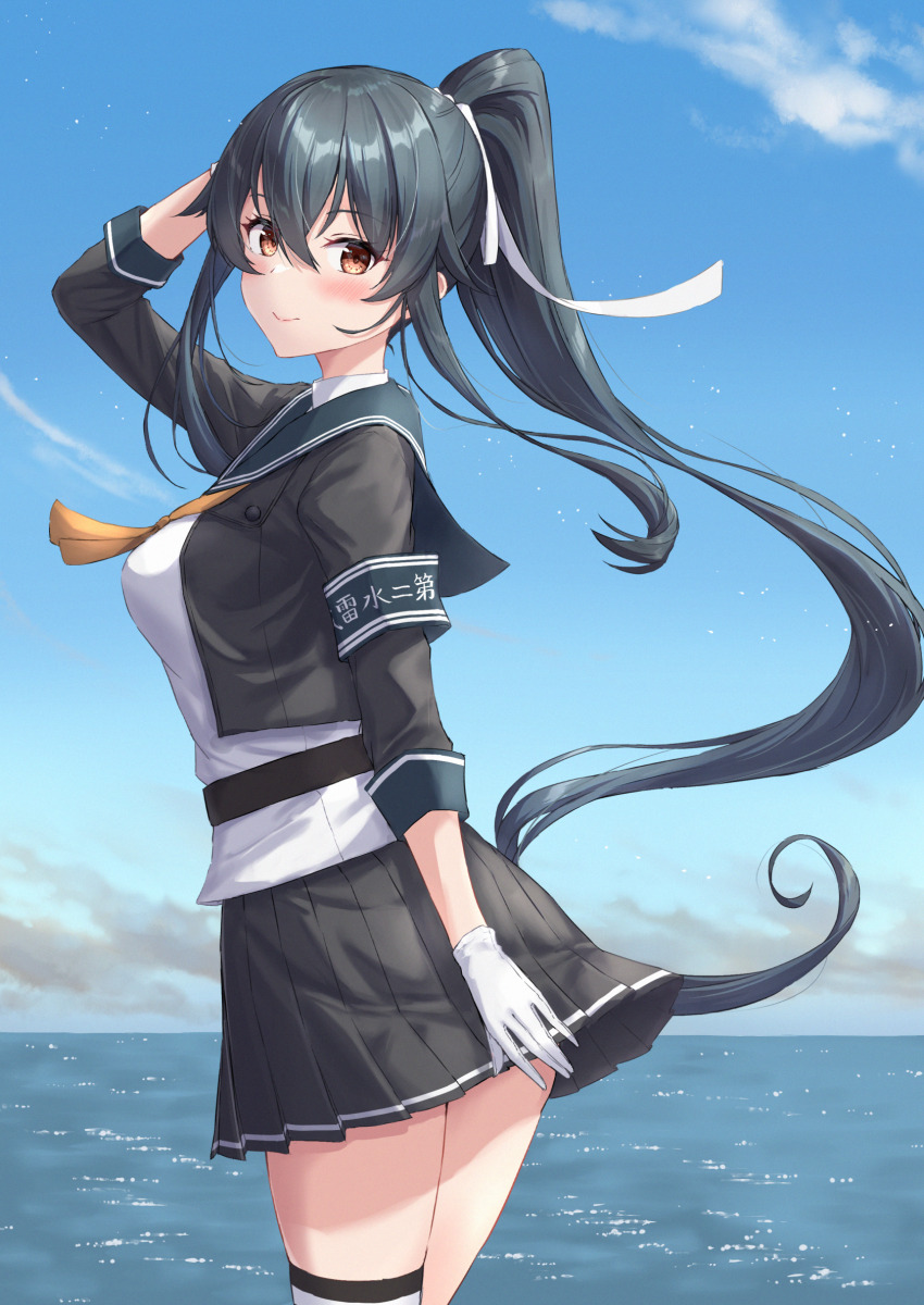 1girl arm_behind_head arm_up armband black_hair black_jacket black_sailor_collar black_skirt blue_sky blush breasts brown_eyes closed_mouth cloud commentary_request cropped_jacket day garter_straps gloves hair_between_eyes hair_ribbon highres horizon jacket kantai_collection long_hair long_sleeves looking_at_viewer looking_to_the_side medium_breasts monoku neckerchief ocean open_clothes open_jacket orange_neckerchief outdoors pleated_skirt ponytail red_eyes ribbon sailor_collar school_uniform shirt sidelocks single_thighhigh skirt sky smile solo thighhighs very_long_hair water white_gloves white_ribbon white_shirt white_thighhighs yahagi_(kancolle) yahagi_kai_ni_(kancolle)
