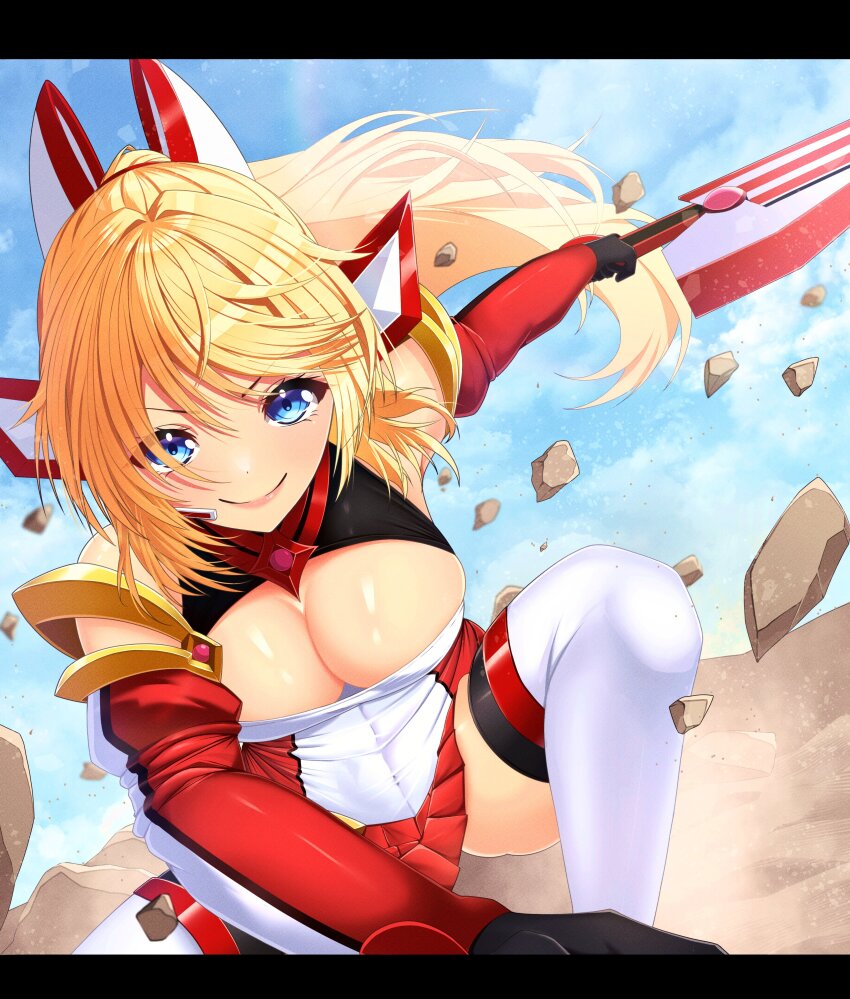 1girl absurdres alternate_costume bare_shoulders black_gloves blonde_hair blue_eyes blue_sky boots breasts cleavage cleavage_cutout closed_mouth clothing_cutout cloud commission cosplay day debris detached_sleeves elbow_gloves exs-tia_chevalier floating_hair gloves hair_between_eyes headgear highres holding holding_sword holding_weapon inuko_inudog kouyoku_senki_exs-tia large_breasts letterboxed long_hair looking_at_viewer miniskirt on_one_knee outdoors pleated_skirt ponytail red_skirt rock saeki_ritsuka skeb_commission skirt sky smile solo sousai_shoujo_teien sword thigh_boots thighhighs v-shaped_eyebrows weapon white_thighhighs wind