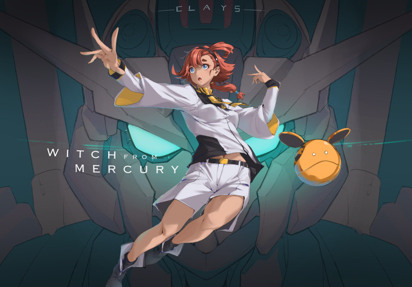 1girl absurdres ahoge aqua_eyes artist_name black_hairband blue_eyes breasts clays_(clayschan) commentary copyright_name english_text glowing glowing_eyes gundam gundam_aerial gundam_suisei_no_majo hairband haro highres long_hair low-tied_long_hair low_ponytail mecha midriff mobile_suit navel ponytail red_hair robot shorts small_breasts suletta_mercury v-fin