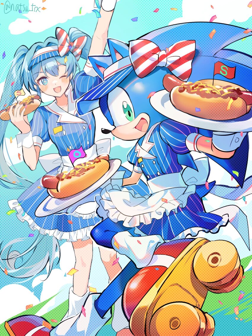 1boy 1girl apron arm_up back_bow blue_eyes blue_hair blue_sky blush bow buttons chili_dog cloud collared_shirt commentary commentary_request confetti crossdressing double-breasted english_commentary feet_out_of_frame flag food hair_between_eyes hand_up hands_up hatsune_miku highres holding holding_food kneehighs leg_up mesmerizer_(vocaloid) natsu_trx one_eye_closed open_mouth plate puffy_short_sleeves puffy_sleeves roller_skates sailor_collar shirt short_sleeves skates sky socks sonic_(series) sonic_the_hedgehog standing standing_on_one_leg star-shaped_pupils star_(symbol) symbol-shaped_pupils twintails vocaloid waist_apron white_apron white_bow white_sailor_collar white_wrist_cuffs wrist_cuffs