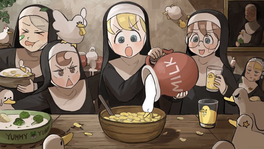 &gt;_&lt; 5girls :d :o ^_^ animal animal_on_head ant bags_under_eyes banana bandaid bandaid_on_cheek bandaid_on_face bird bird_on_head blonde_hair blue_eyes bowl broccoli brown_eyes brown_hair bug chicken clinging closed_eyes clumsy_nun_(diva) commentary corn_flakes cup dirty dirty_clothes dirty_face diva_(hyxpk) drinking_glass duck duckling eating english_commentary food froggy_nun_(diva) fruit glasses glasses_nun_(diva) grey_hair habit hair_ornament hanging_plant highres holding holding_bowl holding_cup holding_jug in_container in_cup insect jug_(bottle) leaf leaf_nun_(diva) leaf_on_head little_nuns_(diva) milk multiple_girls nose_bubble nun on_head open_mouth painting_(object) picture_frame rabbit_hair_ornament reflection rolling_eyes shaded_face sleeping slice_of_life smile spicy_nun_(diva) spilled_milk spilling spread_wings star_(symbol) sticker sweatdrop thumbs_up traditional_nun triangle_mouth whistle
