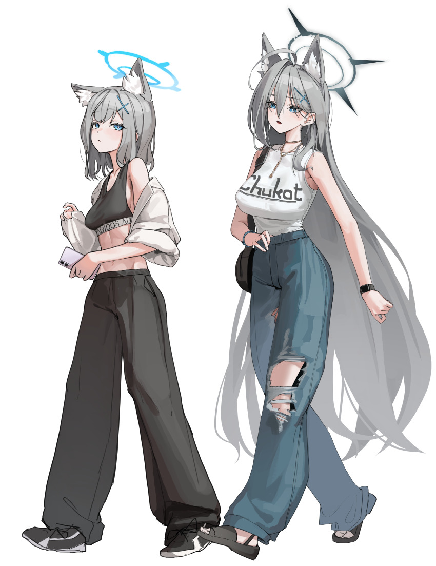 2girls absurdres alternate_costume animal_ear_fluff animal_ears bare_arms bare_shoulders black_pants black_sandals black_shoes black_sports_bra blue_eyes blue_pants cellphone cross_hair_ornament extra_ears hair_behind_ear hair_between_eyes hair_ornament highres holding holding_phone long_bangs long_hair multiple_girls open_clothes open_mouth open_shirt pants phone sandals shiroko_(blue_archive) shiroko_terror_(blue_archive) shirt shoes sidelocks sleeves_rolled_up smartphone sports_bra tagua torn_clothes torn_pants white_shirt white_sports_bra wolf_ears wolf_girl