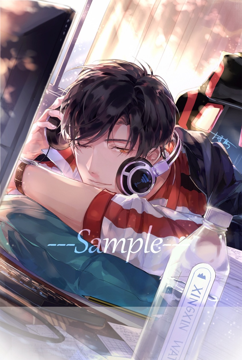 1boy black_coat black_hair bosi_tenghu bottle brown_eyes chair chinese_commentary coat coat_on_shoulders computer computer_keyboard computer_mouse curtains dappled_sunlight desk headphones headphones_around_neck highres holding holding_headphones indoors jacket laptop looking_at_viewer male_focus monitor multicolored_jacket on_chair one_eye_closed paper_stack papers parted_lips pillow quan_zhi_gao_shou red_jacket sample_watermark short_hair signature sitting sleeves_rolled_up smile solo sunlight track_jacket upper_body watch water_bottle watermark white_jacket window wristwatch ye_xiu yellow_eyes