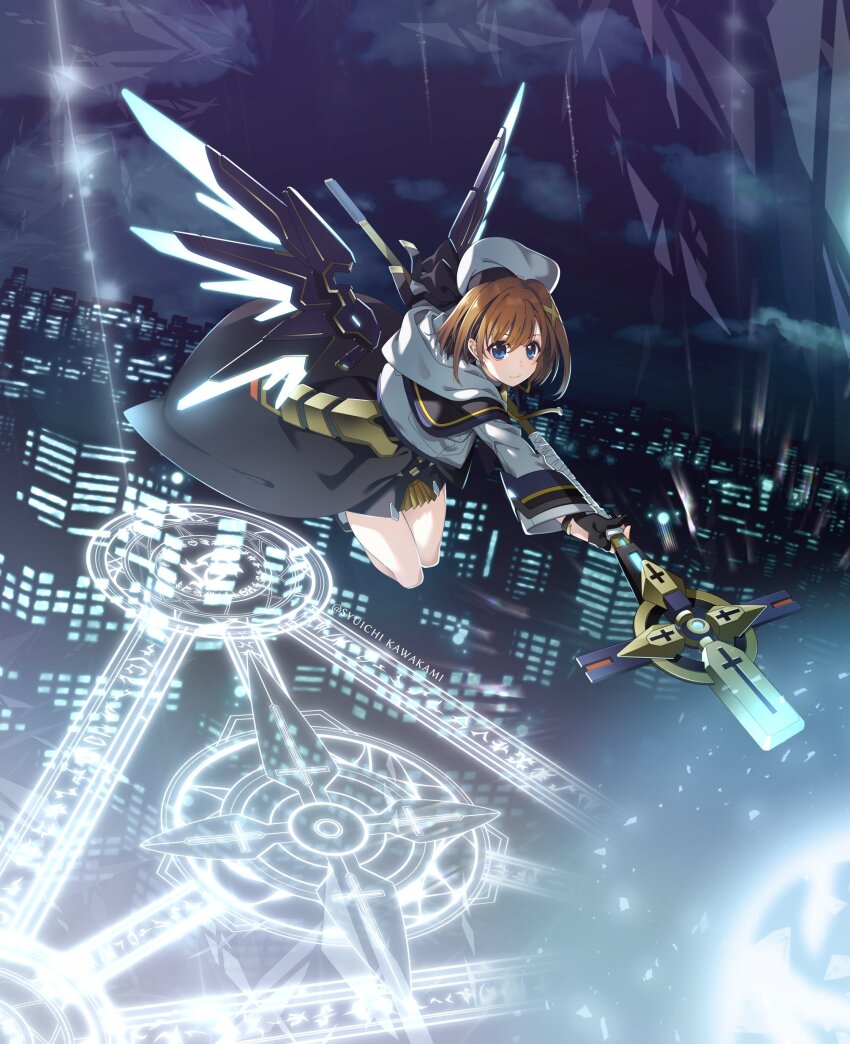 1girl absurdres blue_eyes brown_hair building cropped_jacket fingerless_gloves flying full_body gloves hair_ornament hat highres holding holding_staff infinity_souls kawakami_shuuichi lyrical_nanoha magic_circle magical_girl mechanical_wings night night_sky schwertkreuz sky solo staff waist_cape white_hat wings x_hair_ornament yagami_hayate