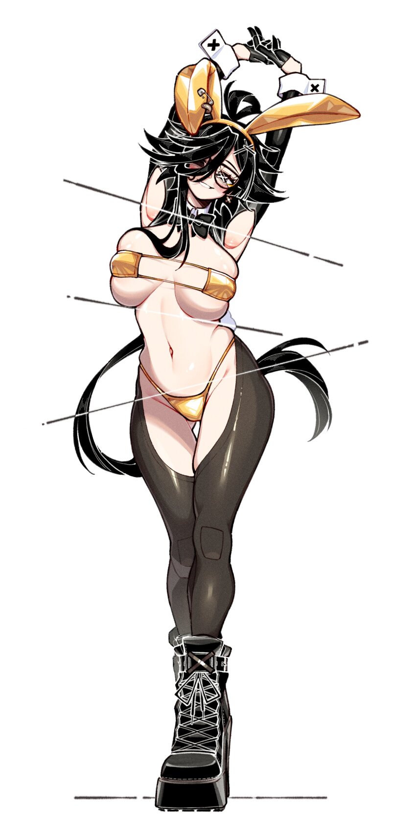 1girl absurdres bikini black_hair boots breasts eyepatch_bikini glasses gold_bikini highres large_breasts meme_attire original reverse_bunnysuit reverse_outfit solo swimsuit unexistarts uni_(unexistarts) wide_hips