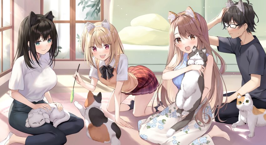 1boy 3girls absurdres all_fours animal_ears black_bow black_bowtie black_hair black_pants black_shirt blonde_hair blouse blue_shirt blush bow bowtie breasts brown_eyes brown_hair brown_sweater_vest cat cat_ears character_request closed_mouth commentary_request fake_animal_ears floral_print floral_print_skirt glasses green_eyes hand_up highres indoors large_breasts long_hair long_skirt mamiya_yurika multiple_girls official_art open_mouth oryo_(oryo04) pants pink_eyes ponkotsu_kawaii_mamiya-san print_skirt sharp_teeth shirt short_hair short_sleeves sitting skirt sleeveless sleeveless_shirt small_sweatdrop smile sweater_vest t-shirt teeth wariza white_shirt white_skirt