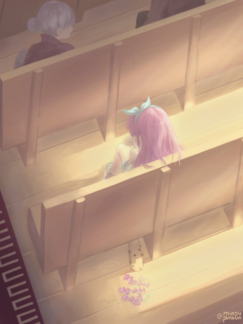 2girls absurdres artist_name aubrey_(faraway)_(omori) aubrey_(omori) baseball_bat blue_hairband faceless faceless_female hair_bun hairband highres indoors long_hair minpupunkun multiple_girls nail_(hardware) nail_bat omori pew pink_hair shoes short_hair sneakers