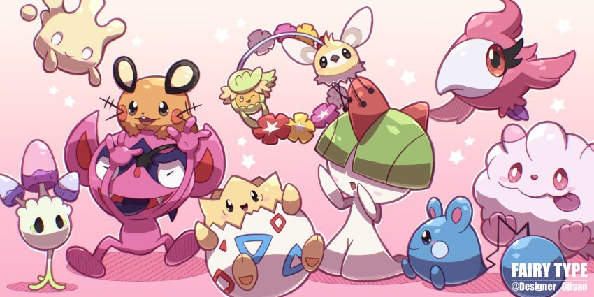 azurill black_eyes blue_skin bowl_cut brown_fur colored_skin comfey cutiefly dedenne designer_ojisan fangs flower flower_wreath gen_2_pokemon gen_3_pokemon gen_6_pokemon gen_7_pokemon gen_8_pokemon gradient_background green_hair hair_over_eyes highres horns impidimp insect_wings milcery morelull nintendo pink_background pink_eyes pink_skin pokemon pokemon_(creature) ralts smile spritzee star_(symbol) swirlix togepi tongue tongue_out white_eyes white_skin wings