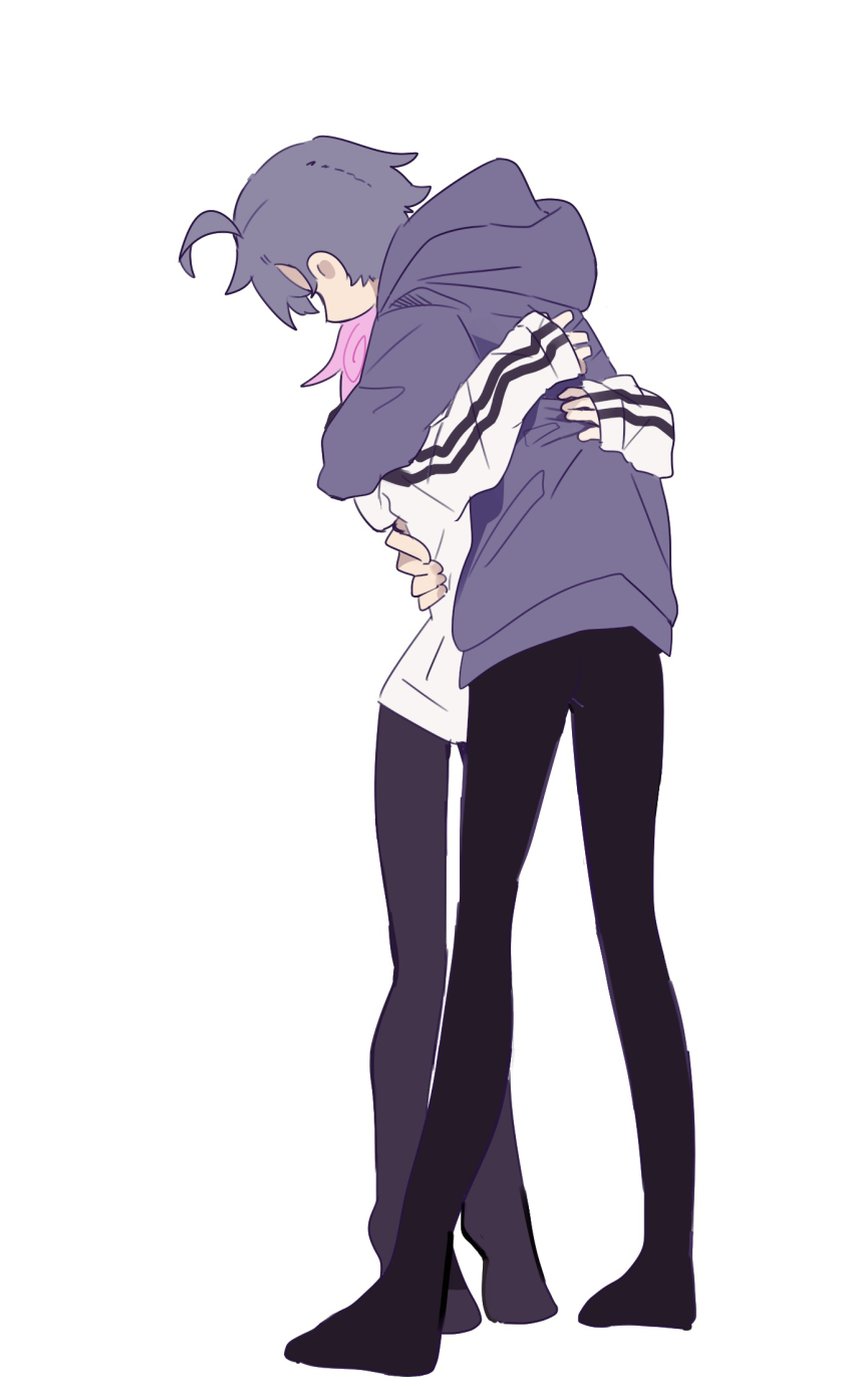 2boys ahoge arms_around_another&#039;s_waist arms_around_waist black_hoodie black_pantyhose brothers commentary_request cowlick full_body height_difference highres holding holding_each_other holding_person hood hood_down hoodie hug hugging_each_other karato_(uenomigi) long_sleeves multicolored_hoodie multiple_boys original pantyhose pink_hair purple_hair purple_hoodie raito-kun_(uenomigi) short_hair siblings simple_background standing_on_tiptoe tagme tiptoes uenomigi white_hoodie