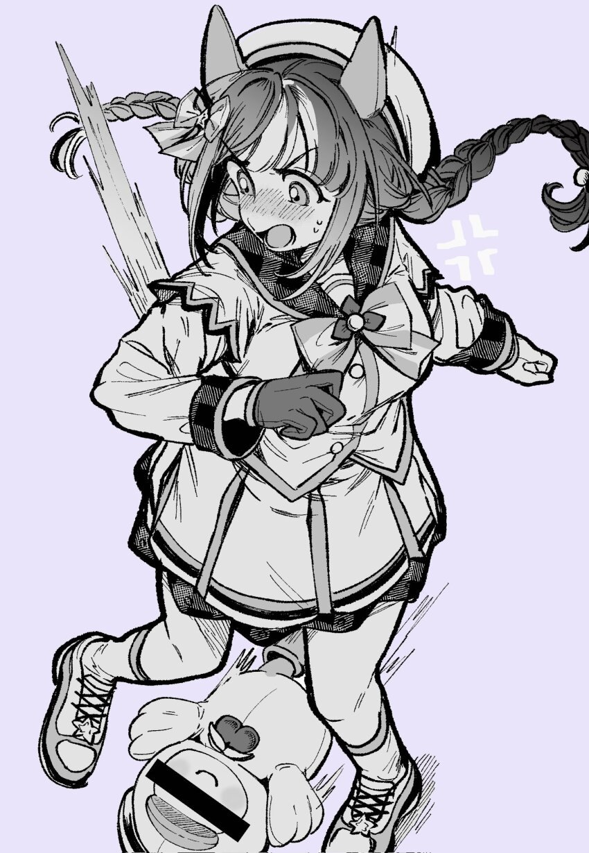 1girl 1other anger_vein animal_ears asymmetrical_gloves bar_censor blunt_bangs bow bowtie braid censored commentary ear_bow ear_covers from_above gloves greyscale hat highres hokko_tarumae_(umamusume) horse_ears horse_girl long_hair looking_at_another looking_down mascot mismatched_gloves monochrome multicolored_hair purple_background sailor_hat satomachi shoes simple_background sneakers streaked_hair tomachop twin_braids two-tone_hair umamusume
