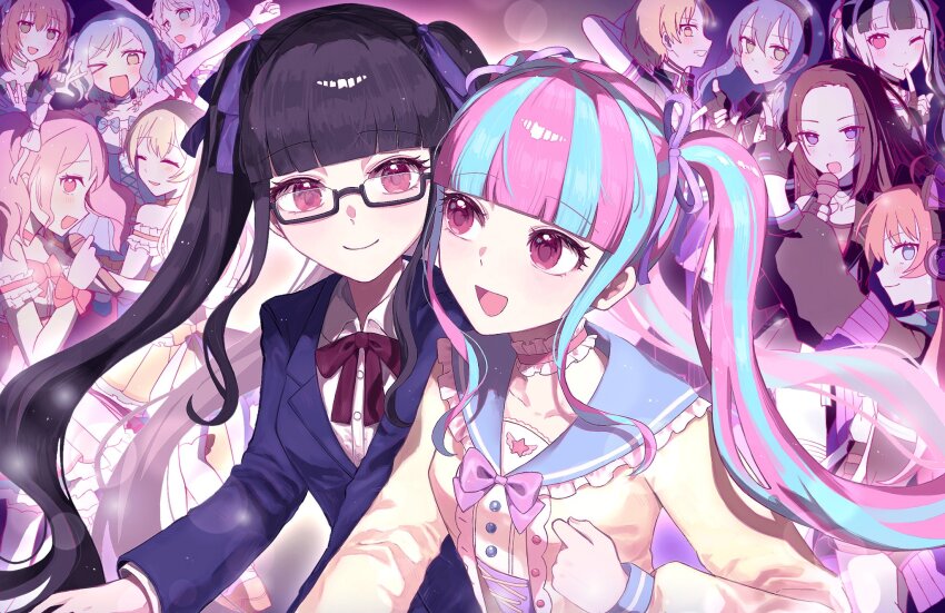 ;d asahi_rokka bang_dream! bare_shoulders black_gloves black_hair blonde_hair blue_choker blue_eyes blue_hair brown_hair choker closed_eyes collar finger_in_own_mouth fingerless_gloves frilled_choker frills glasses gloves green_choker green_eyes highres hikawa_hina holding holding_microphone long_hair looking_at_another maruyama_aya microphone multicolored_hair multiple_girls nyubara_reona one_eye_closed open_mouth pastel_palettes_(bang_dream!) pink_choker pink_eyes purple_eyes raise_a_suilen red_eyes sato_masuki school_uniform shirasagi_chisato short_hair smile suiren_sou tamade_chiyu twintails v wakamiya_eve wakana_rei white_hair yamato_maya yellow_cloak yellow_eyes