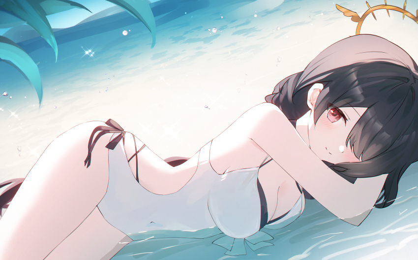 1girl absurdres bare_arms bare_shoulders black_hair blue_archive blush breasts cleavage closed_mouth hair_over_one_eye highres hinata_(blue_archive) hinata_(swimsuit)_(blue_archive) large_breasts long_hair looking_at_viewer lying official_alternate_costume on_side one-piece_swimsuit red_eyes sidelocks smile solo swimsuit usagi_(786113654) white_one-piece_swimsuit