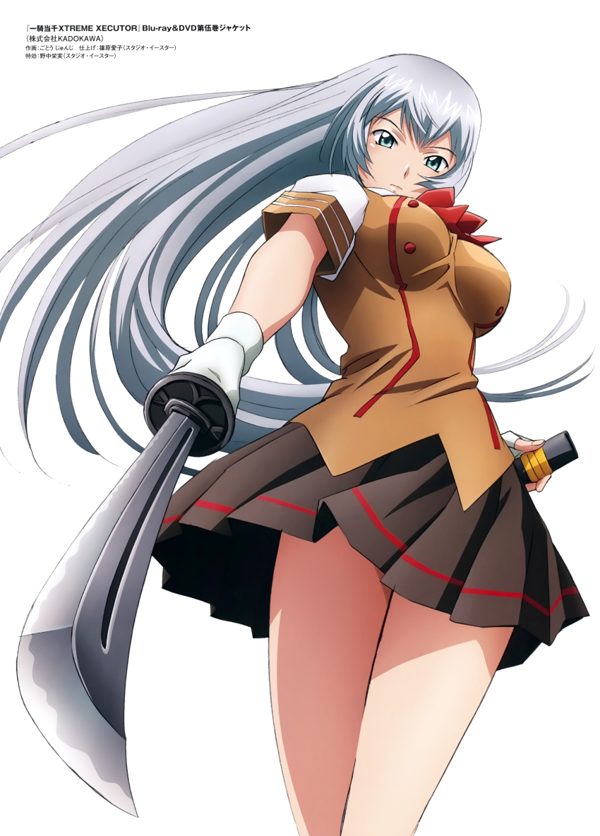 00s 1girl absurdres aiming aiming_at_viewer blouse blue_eyes bow bowtie breasts breasts_apart brown_skirt chouun_shiryuu copyright_name cowboy_shot female_focus fingerless_gloves foreshortening from_below gloves highres holding holding_sword holding_weapon ikkitousen katana legs_together long_hair looking_at_viewer miniskirt pleated_skirt red_bow red_bowtie rin-sin school_uniform shirt silver_hair simple_background skirt solo standing sword thighs very_long_hair weapon white_background white_gloves white_shirt
