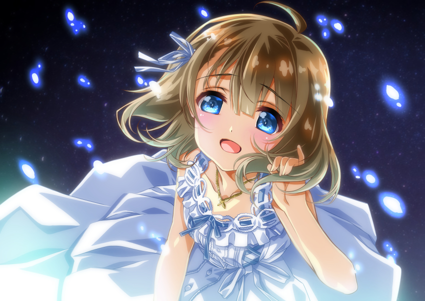 1girl ahoge bare_arms bare_shoulders blue_eyes brown_hair collarbone commentary_request dress hair_ribbon highres idolmaster idolmaster_million_live! idolmaster_million_live!_theater_days jewelry long_dress looking_at_viewer looking_up n necklace night open_mouth pearl_necklace pure_onepiece_(idolmaster) ribbon senomoto_hisashi short_hair sky sleeveless sleeveless_dress solo star_(sky) starry_sky sundress suou_momoko white_dress