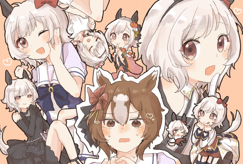 2girls :d ;d animal_ears bare_shoulders black_dress black_gloves black_pantyhose blush bow bowtie brown_eyes brown_hair chibi commentary cropped_jacket curren_chan_(sakutsuki_ma_cherie)_(umamusume) curren_chan_(umamusume) dress ear_bow ear_covers elbow_gloves gaze_on_me!_outfit_(umamusume) gloves grey_hair highres horse_ears horse_girl horseshoe_ornament jacket looking_at_viewer multicolored_hair multiple_girls multiple_views off-shoulder_jacket off_shoulder official_alternate_costume one_eye_closed open_mouth pantyhose pink_eyes pinwheel_hair_ornament puffy_short_sleeves puffy_sleeves purple_bow purple_bowtie purple_garter_straps purple_shirt red_bow red_shorts red_skirt sailor_collar sailor_shirt school_uniform shirt short_hair short_sleeves shorts skirt smile starting_future_(umamusume) streaked_hair striped_clothes striped_dress sweater tracen_school_uniform umamusume vertical-striped_clothes vertical-striped_dress wedding_dress white_hair white_jacket white_sweater xxx_mochisu yaeno_muteki_(umamusume)