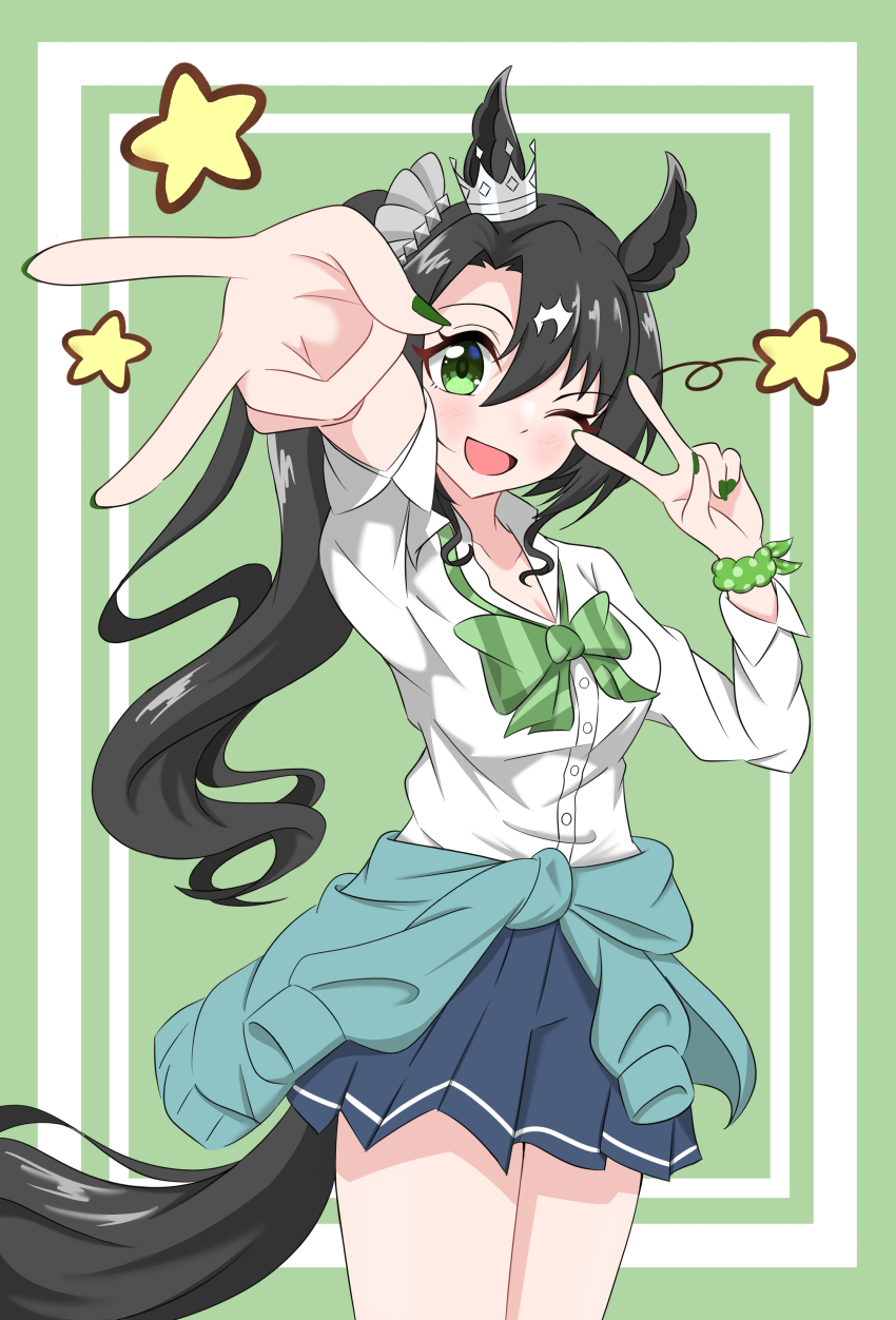 1girl ;d absurdres alternate_costume animal_ears black_hair blue_skirt bow bowtie breasts cardigan cardigan_around_waist cleavage clothes_around_waist commentary cowboy_shot double_v ear_ornament ear_through_crown green_bow green_bowtie green_eyes green_scrunchie gyaru hair_between_eyes highres horse_ears horse_girl horse_tail ke_(pixiv_84996172) long_hair looking_at_viewer multicolored_hair nail_polish one_eye_closed open_mouth pleated_skirt satono_crown_(umamusume) school_uniform scrunchie shirt side_ponytail skirt smile solo star_(symbol) streaked_hair tail umamusume v white_hair white_shirt wrist_scrunchie
