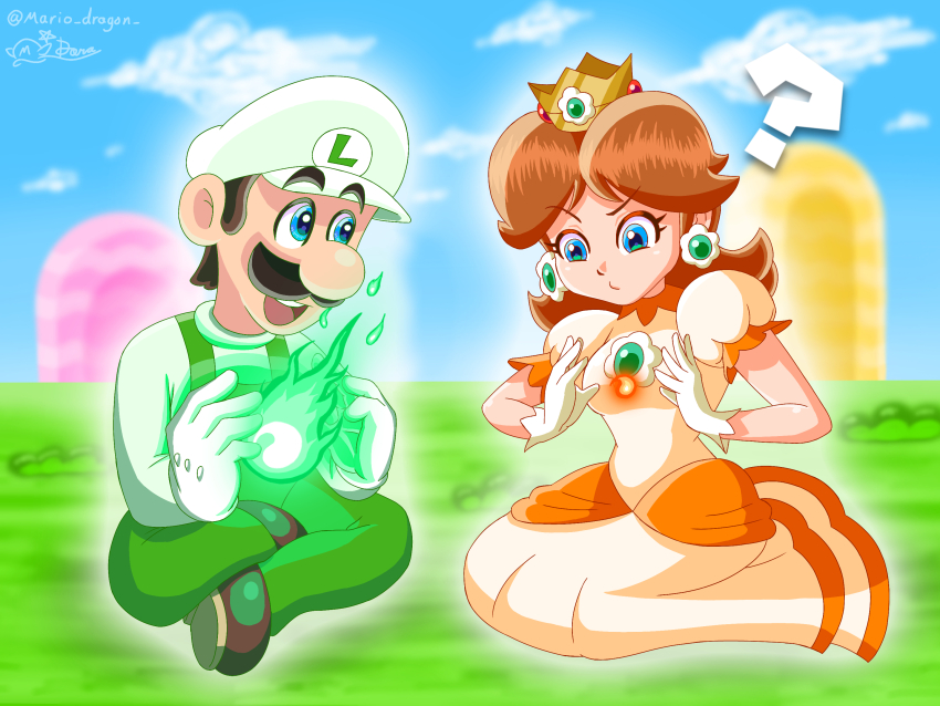 ? brown_hair crown dress fire fire_daisy fire_luigi gloves grass hat highres kneeling learning luigi mario_(series) mario_dragon nintendo overalls princess_daisy shirt shoes sitting smile super_mario_bros._wonder teaching