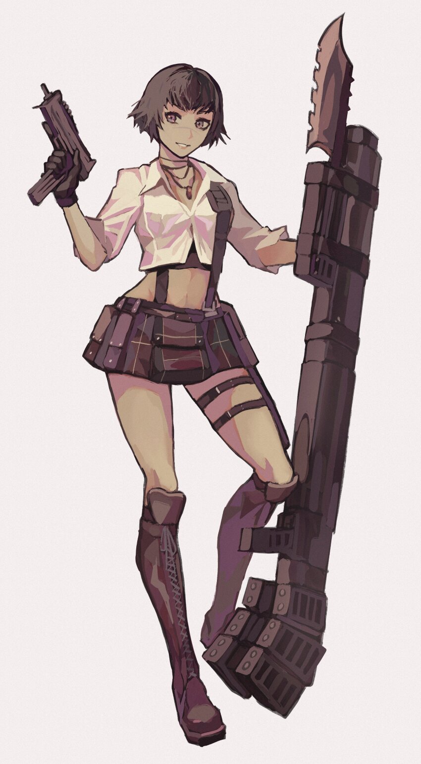 1girl absurdres black_hair boots collared_shirt devil_may_cry devil_may_cry_(series) devil_may_cry_3 gloves grey_background gun highres holding holding_gun holding_weapon jewelry kalina_ann_(weapon) lady_(devil_may_cry) midriff necklace rocket_launcher shirt short_hair simple_background subakeye weapon white_shirt
