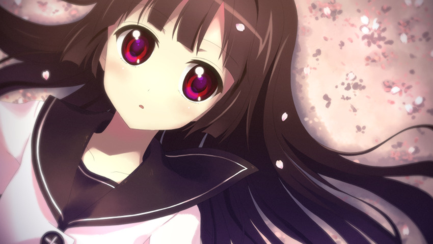1girl black_hair black_sailor_collar collarbone highres long_hair lying matsumoto_rise multicolored_eyes open_mouth sailor_collar school_uniform shirt solo white_shirt yuru_yuri yuuki_tatsuya