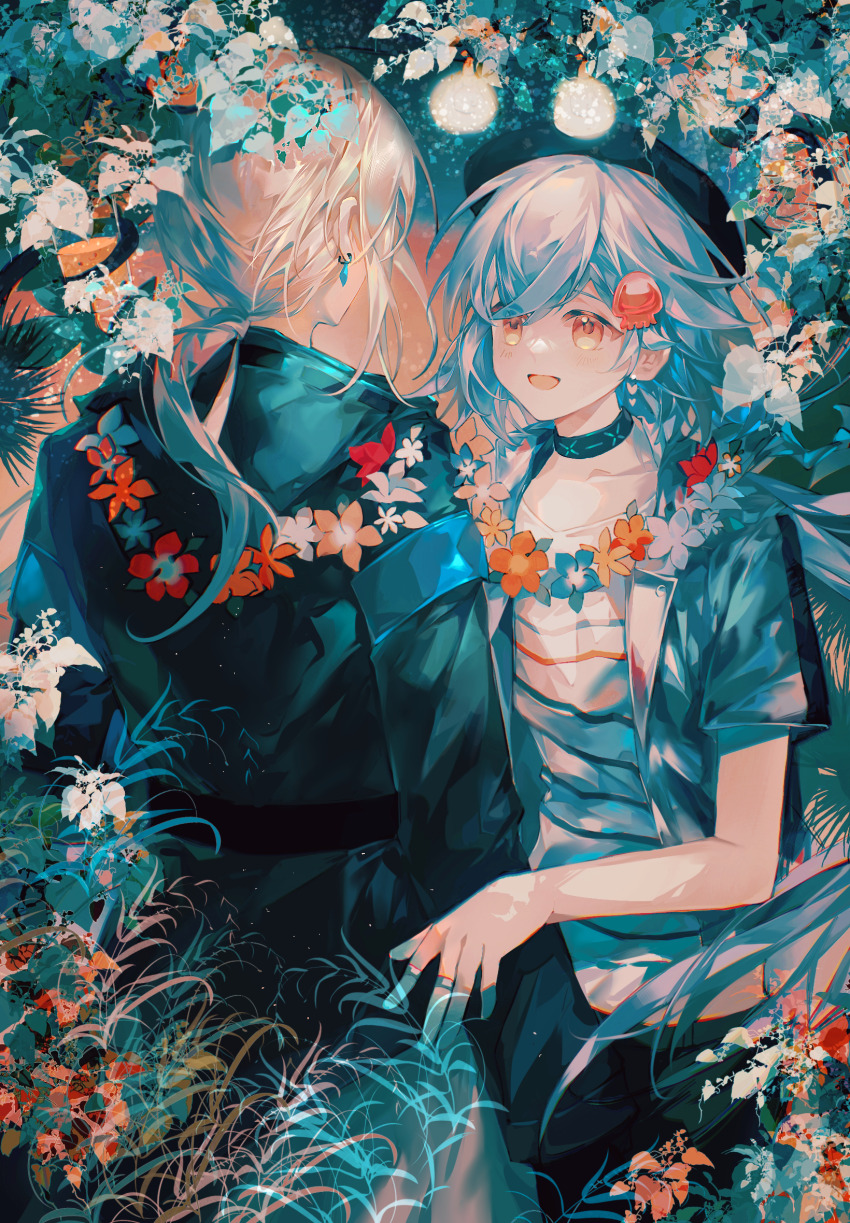 2boys :d androgynous arknights beret black_choker black_hat black_jacket blonde_hair blue_hair breasts character_request choker collarbone cowboy_shot earrings flower flower_wreath hair_ornament hat highres jacket jellyfish_hair_ornament jewelry liujiang2020 long_sleeves low_ponytail male_focus medium_breasts mizuki_(arknights) mizuki_(summer_feast)_(arknights) multiple_boys open_mouth orange_eyes ponytail ring shirt short_hair smile standing striped_clothes striped_shirt white_shirt
