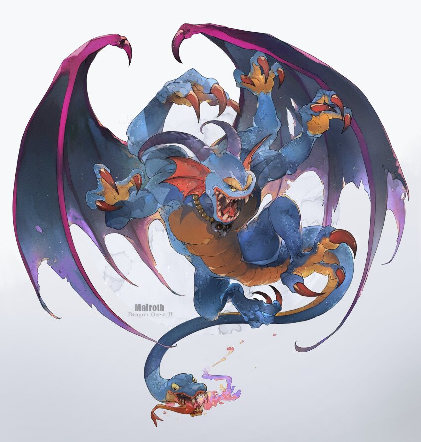 1boy bat_wings blue_scales character_name claws colored_sclera colored_skin commentary_request copyright_name dragon dragon_quest dragon_quest_ii extra_arms fins full_body head_fins highres horns jewelry linne_(hld_doreko) monster monster_focus necklace no_humans open_mouth orange_skin purple_horns purple_wings red_claws sharp_teeth sidoh skull_necklace snake_head_tail solo tail teeth tongue tongue_out torn_wings white_background wings yellow_sclera